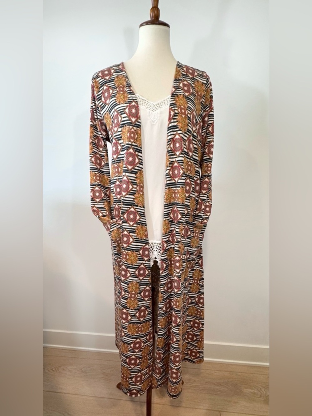 LuLaRoe Sarah Cardigan in Rust, Mustard & Black Pattern Ladies M (10/12) NEW!